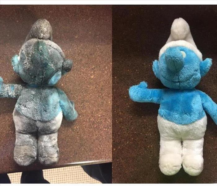Left image shows a Smurf stuffed animal covered in soot damage.  Right image shows Smurf cleaned with Esporta Wash System